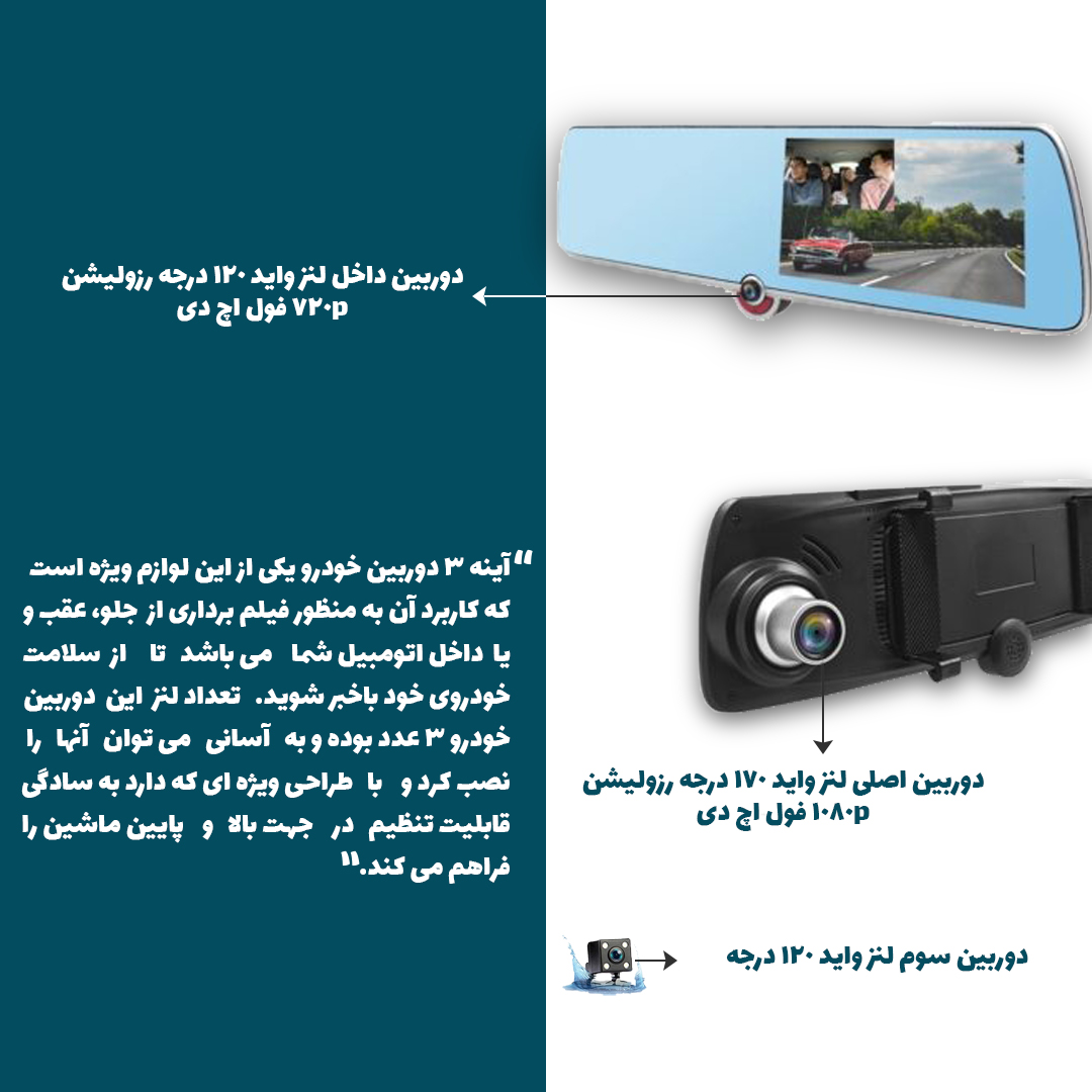 آینه 3 دوربین خودرو منو فارسی ضبط و نمایش هرسه دوربین
