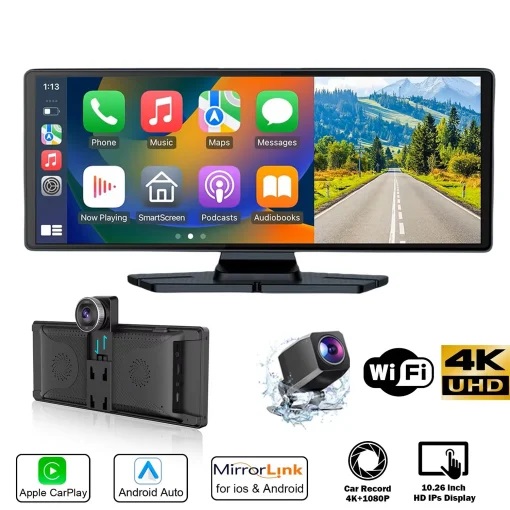 مانیتور رو داشبوردی دوربین دار اندروید اوتو دو لنزه 4K وای فای دار و بلوتوث دار D1